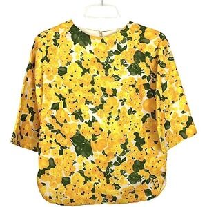 True Vintage Audrey Talbott Yellow Floral S TOP BLOUSE VTG Preppy Print Retro